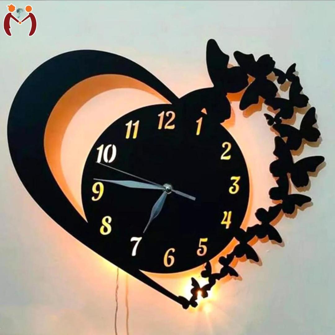 Heart & Butterfly Wall Clock | Modern Black Decorative Wall Clock | CASOVIX