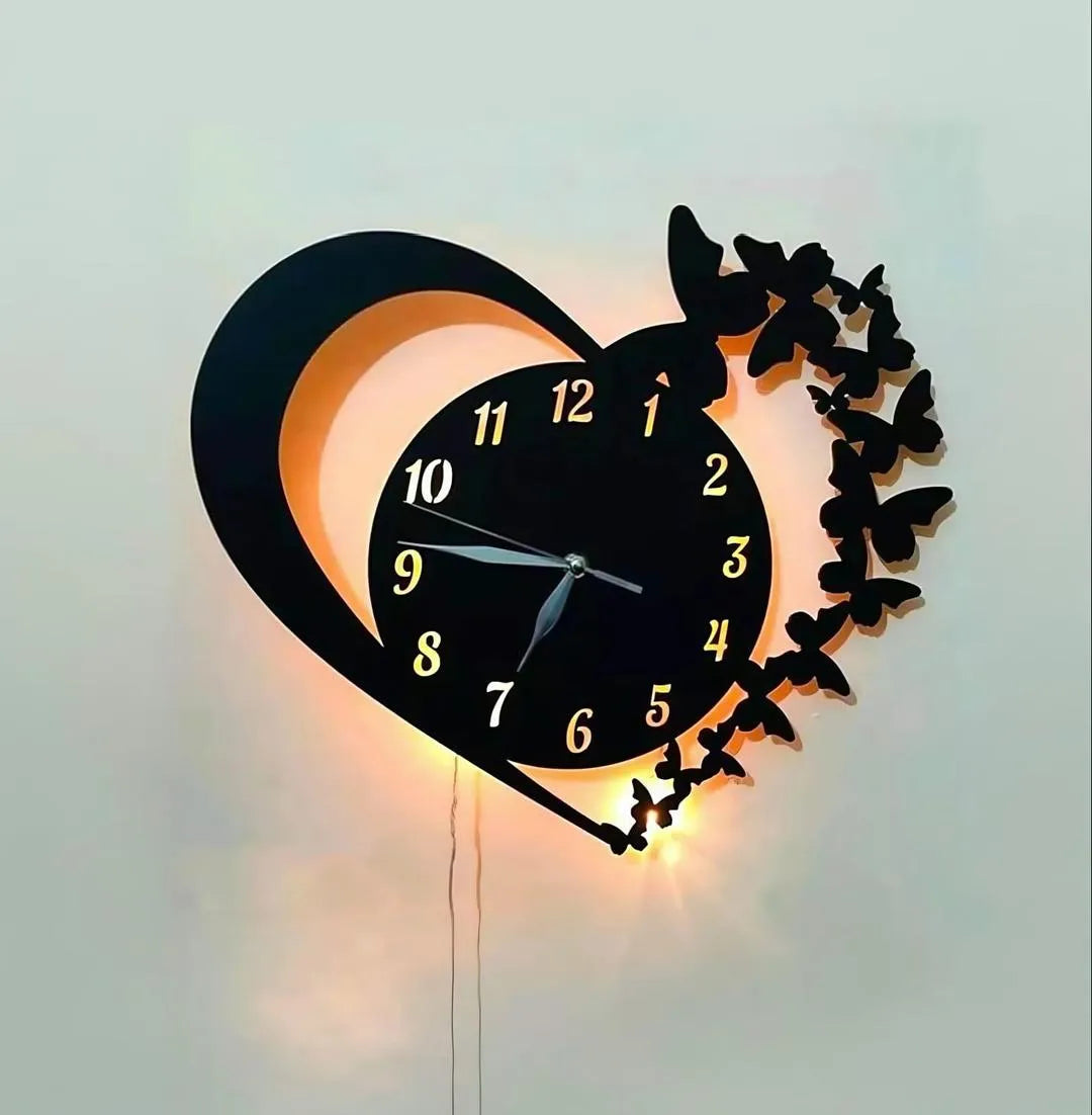 Heart & Butterfly Wall Clock | Modern Black Decorative Wall Clock | CASOVIX