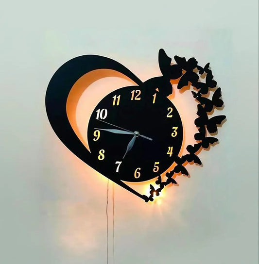 Heart & Butterfly Wall Clock | Modern Black Decorative Wall Clock | CASOVIX