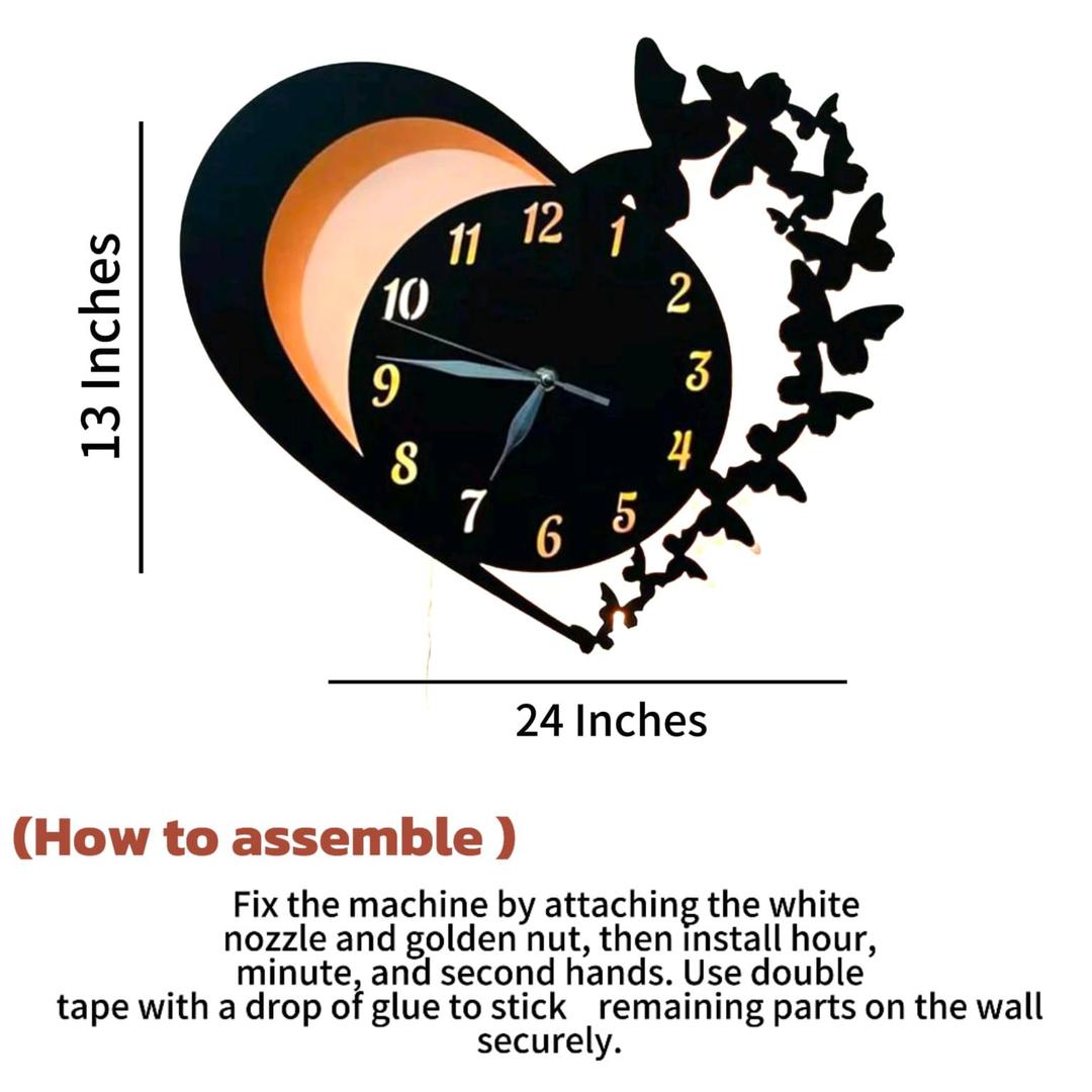 Heart & Butterfly Wall Clock | Modern Black Decorative Wall Clock | CASOVIX