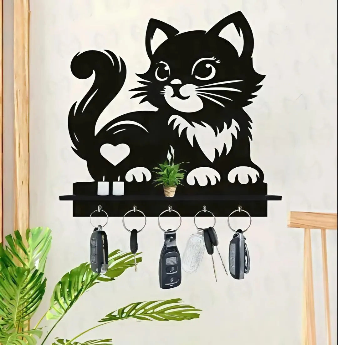 Black Cat Key Holder with Heart Design | Decorative MDF Wall Key Holder | CASOVIX