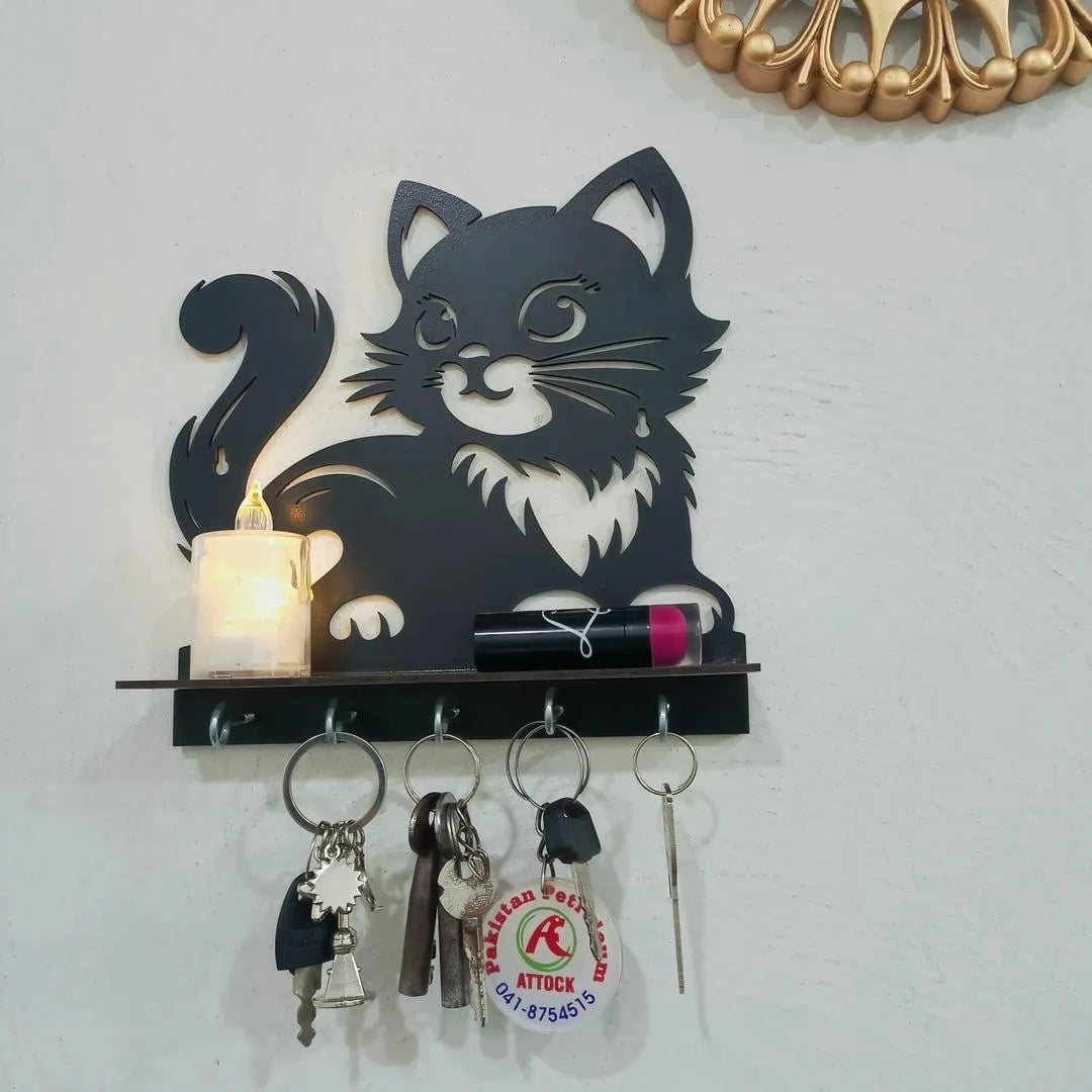 Black Cat Key Holder with Heart Design | Decorative MDF Wall Key Holder | CASOVIX