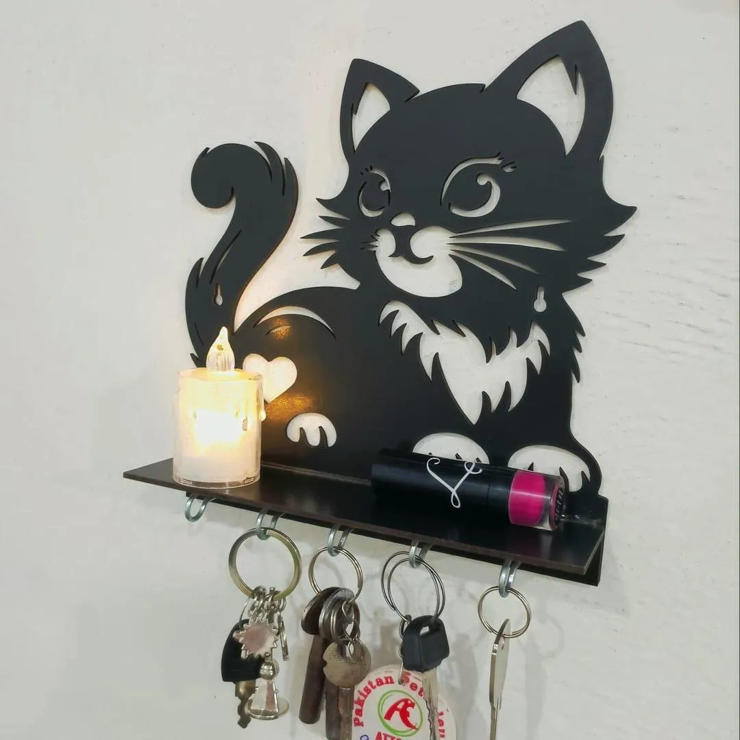 Black Cat Key Holder with Heart Design | Decorative MDF Wall Key Holder | CASOVIX