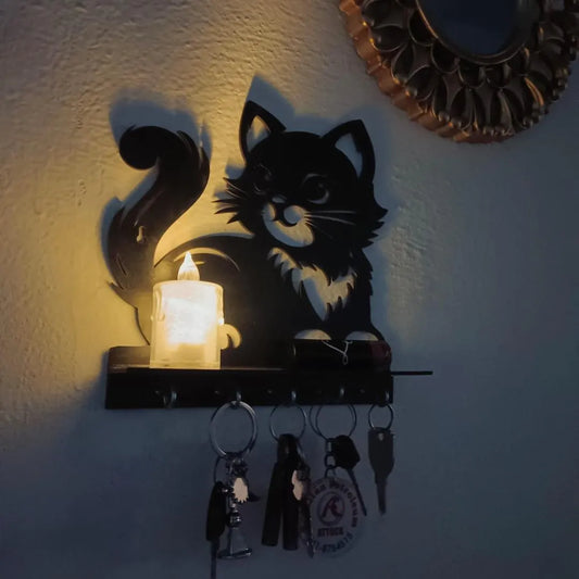 Black Cat Key Holder with Heart Design | Decorative MDF Wall Key Holder | CASOVIX